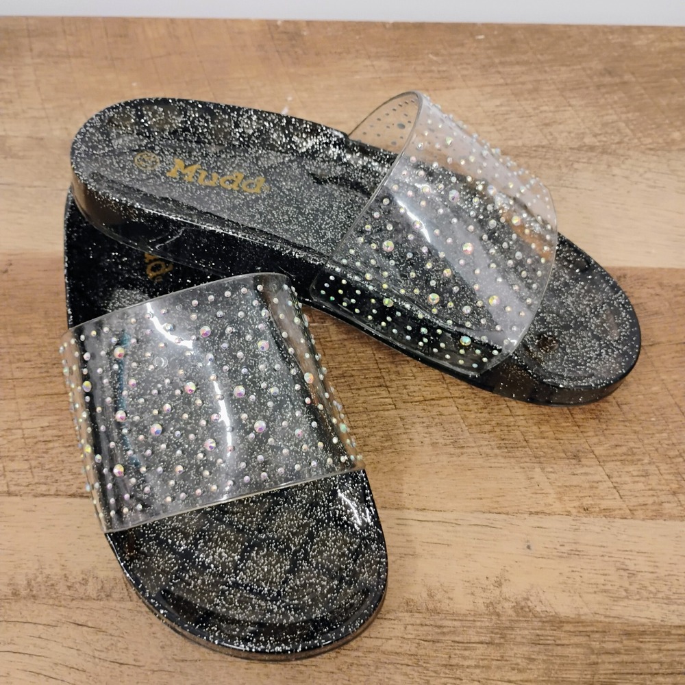 Mudd Womens Pool Slides Slip-on Sandals Black Glitter & Rhinestones‎ Size 7.5